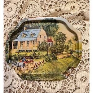 Currier & Ives small serving decorative tray raised edge tin.   OBO accepted